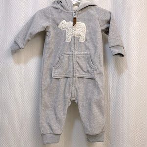 Super cute grey one piece cozy suit for baby boys with ears on hoodie